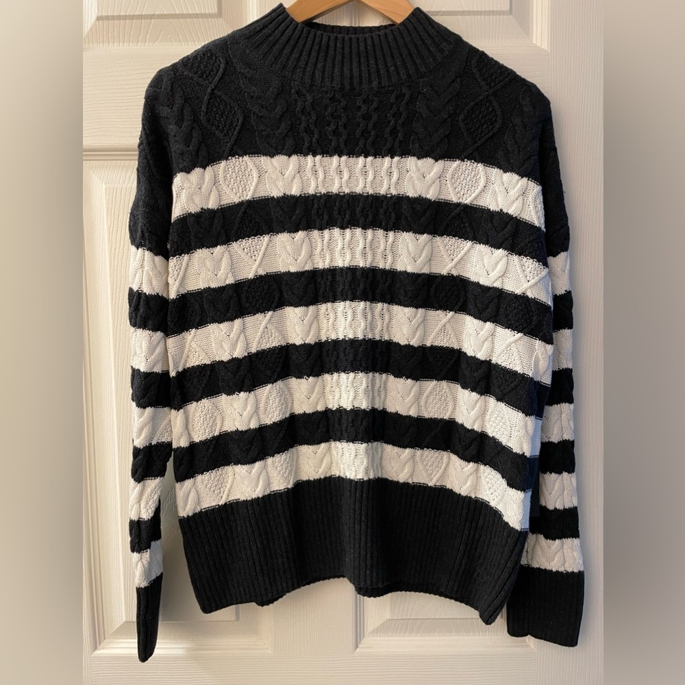 TAHARI Cotton Breton Striped Navy/White Long Sleeve Ribbed Knit Sweater NWT